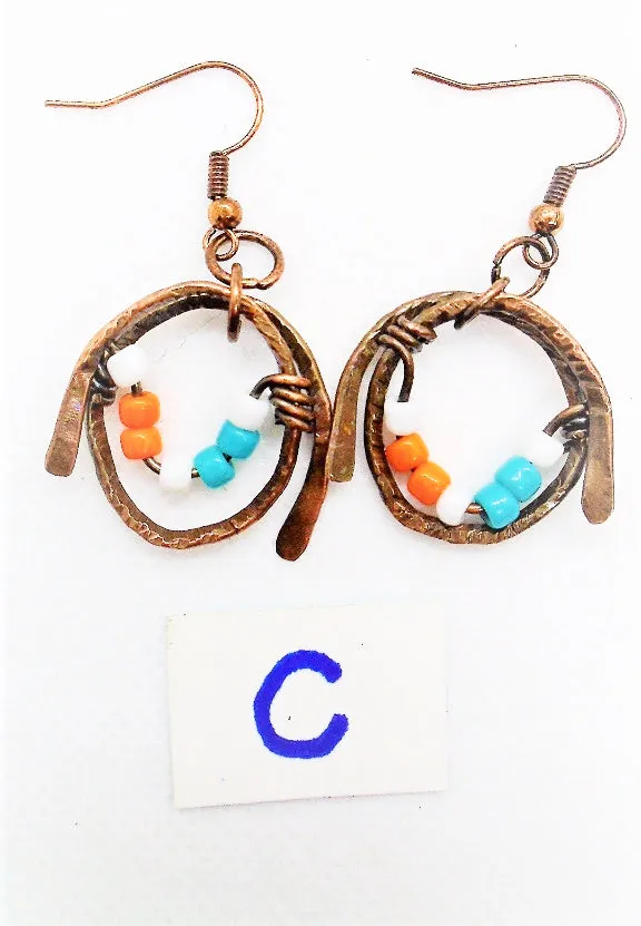 Handmade Boho Chic Tarnished Solid Copper Wrapped Free-Dangling Earrings with Aqua Green, White, & Orange Glass Beads