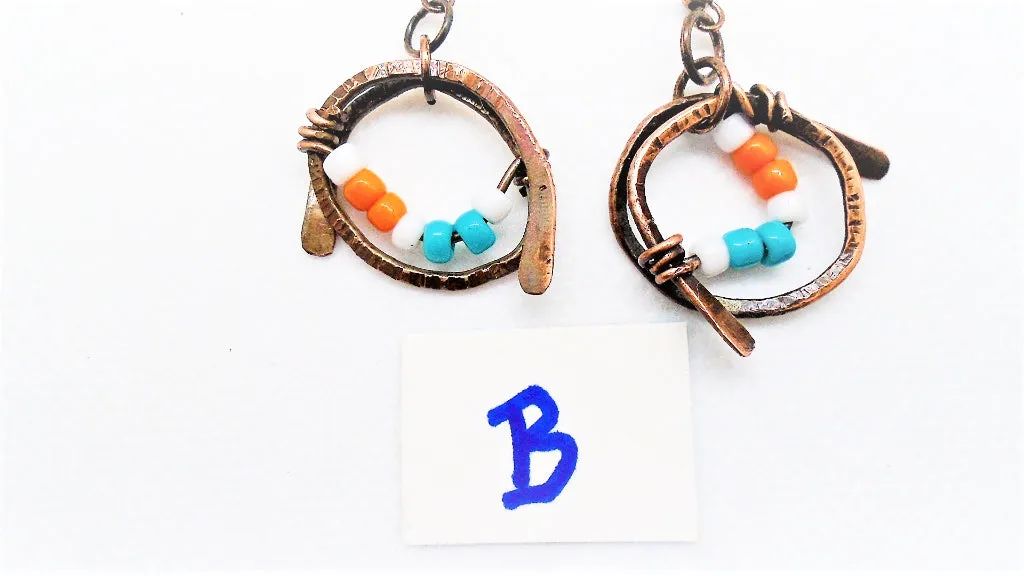 Handmade Boho Chic Tarnished Solid Copper Wrapped Free-Dangling Earrings with Aqua Green, White, & Orange Glass Beads