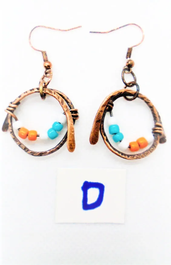 Handmade Boho Chic Tarnished Solid Copper Wrapped Free-Dangling Earrings with Aqua Green, White, & Orange Glass Beads