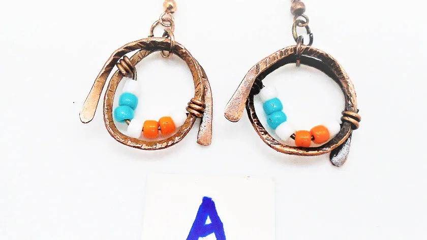 Handmade Boho Chic Tarnished Solid Copper Wrapped Free-Dangling Earrings with Aqua Green, White, & Orange Glass Beads