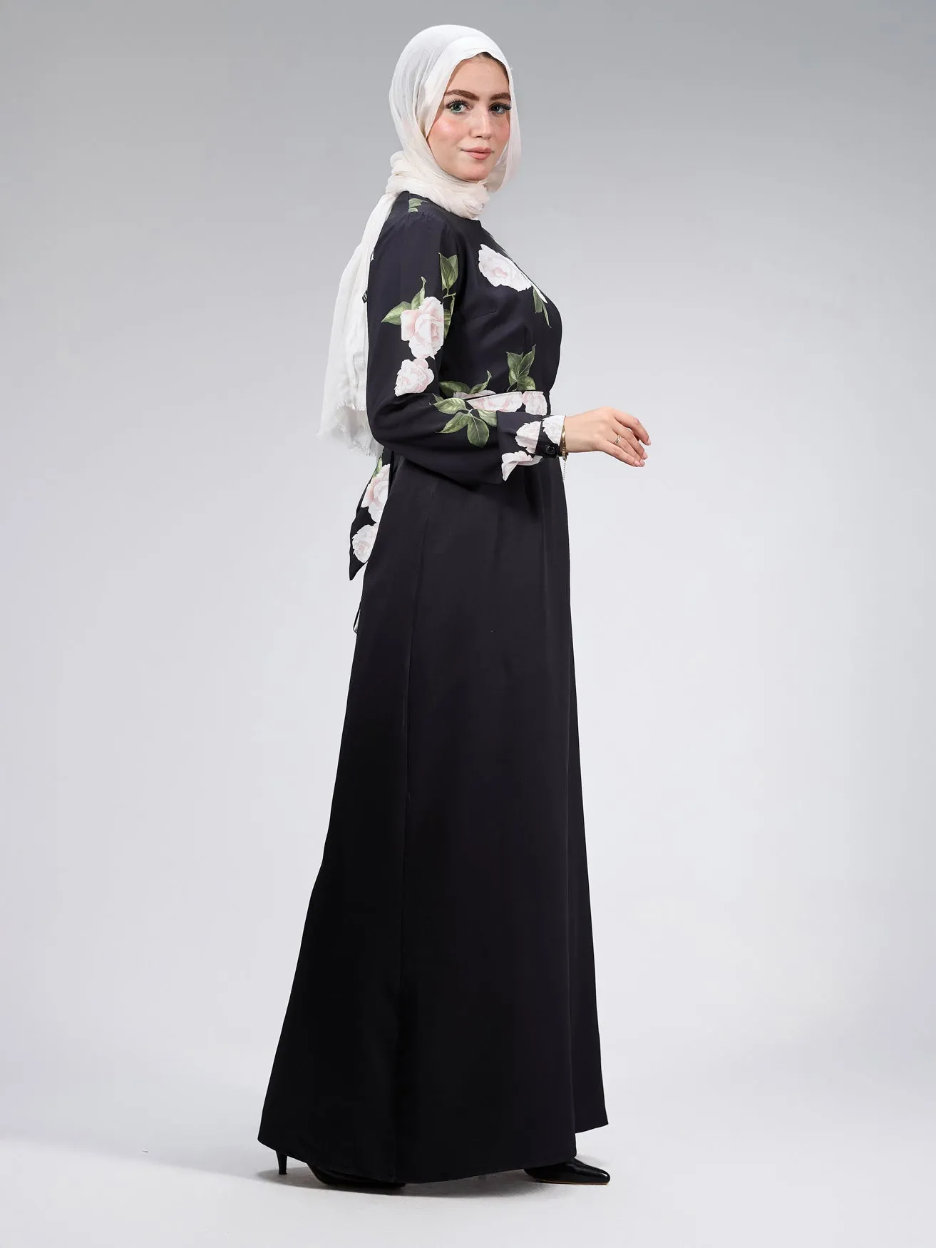 Hooriya Elegant Black Satin Maxi Dress with Floral Embroidery