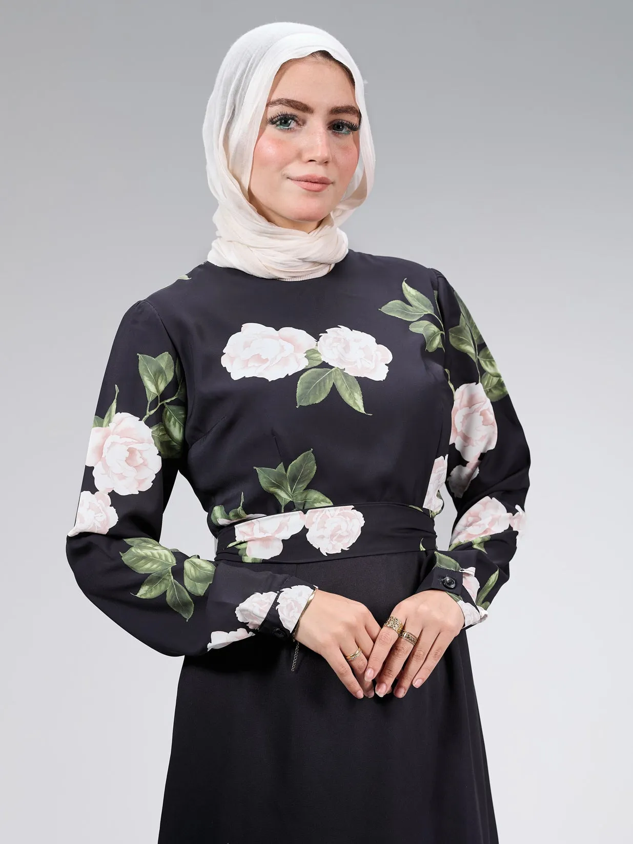 Hooriya Elegant Black Satin Maxi Dress with Floral Embroidery