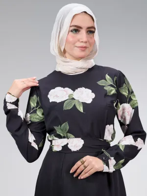Hooriya Elegant Black Satin Maxi Dress with Floral Embroidery