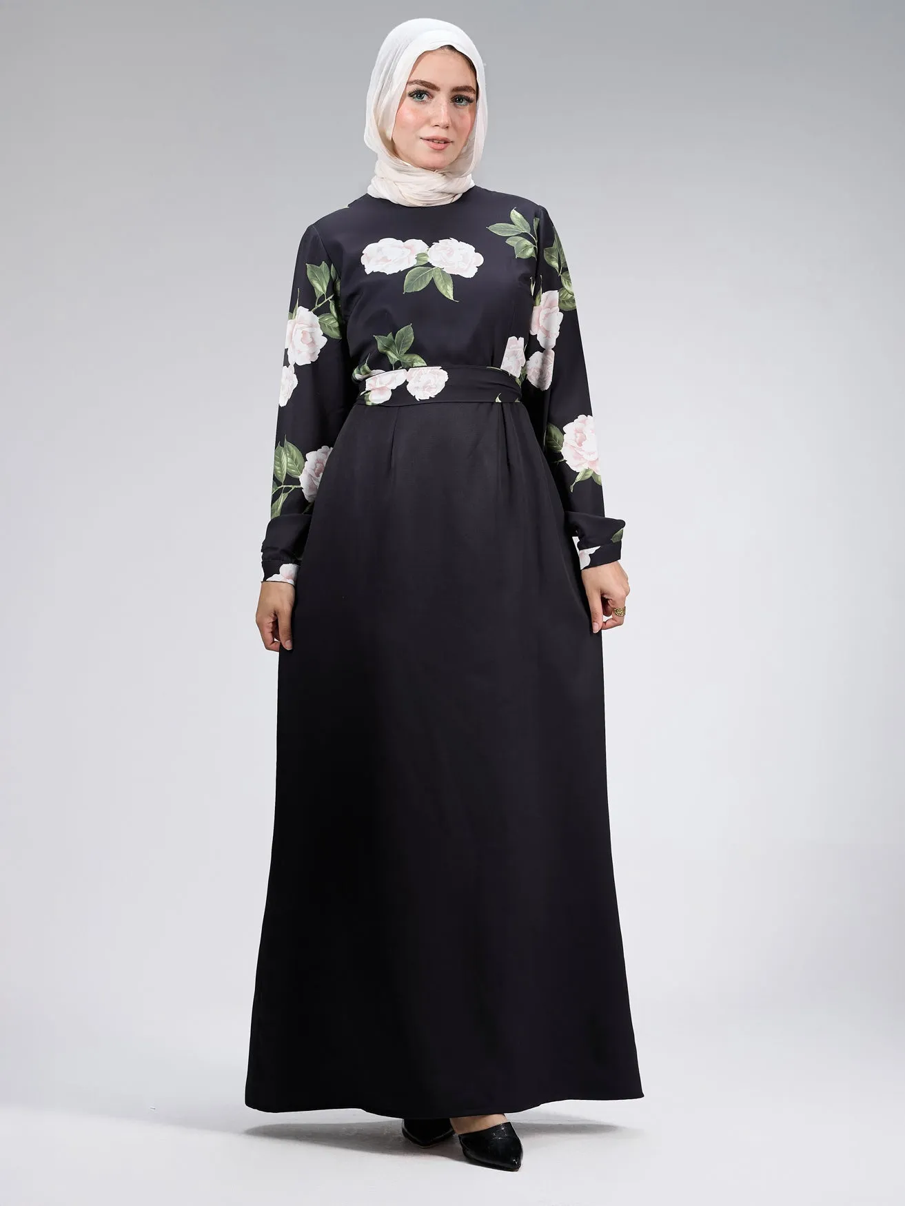 Hooriya Elegant Black Satin Maxi Dress with Floral Embroidery
