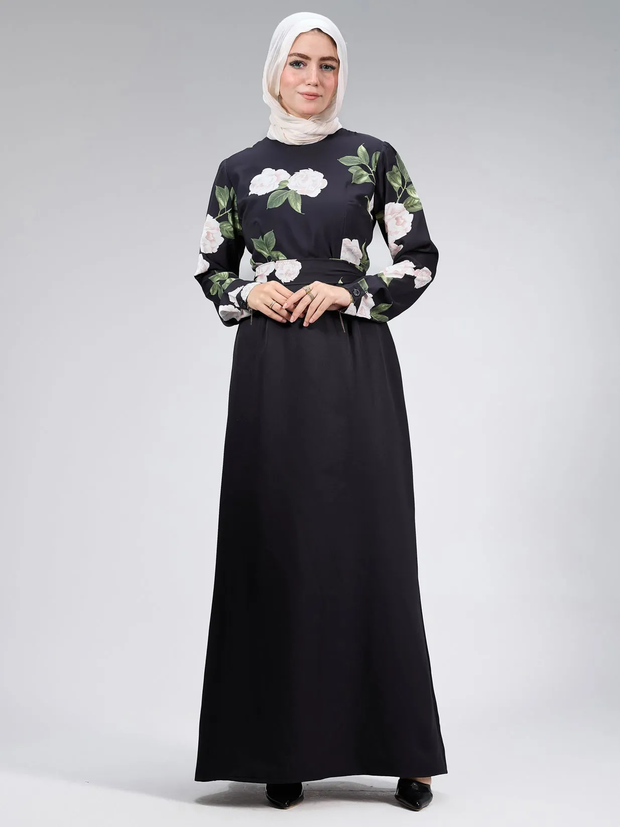 Hooriya Elegant Black Satin Maxi Dress with Floral Embroidery
