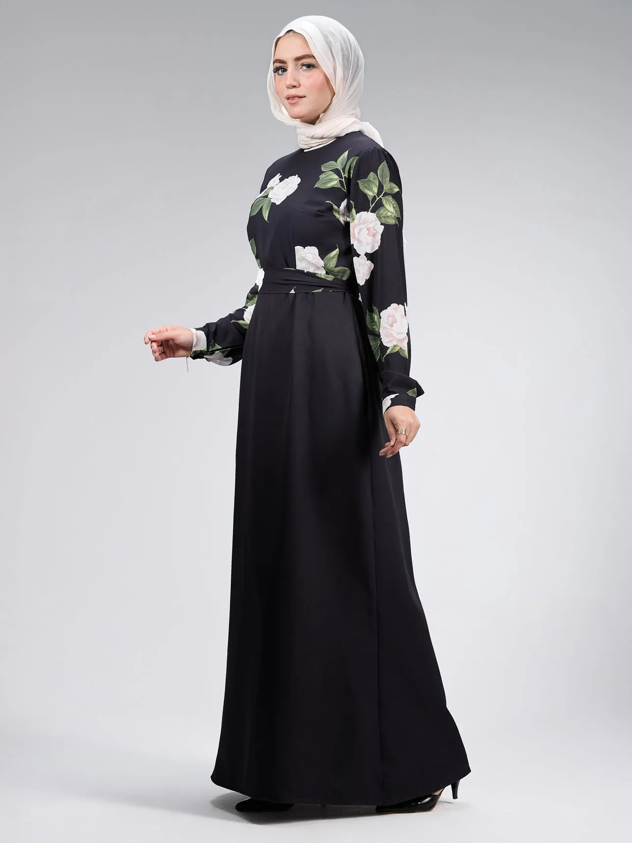 Hooriya Elegant Black Satin Maxi Dress with Floral Embroidery