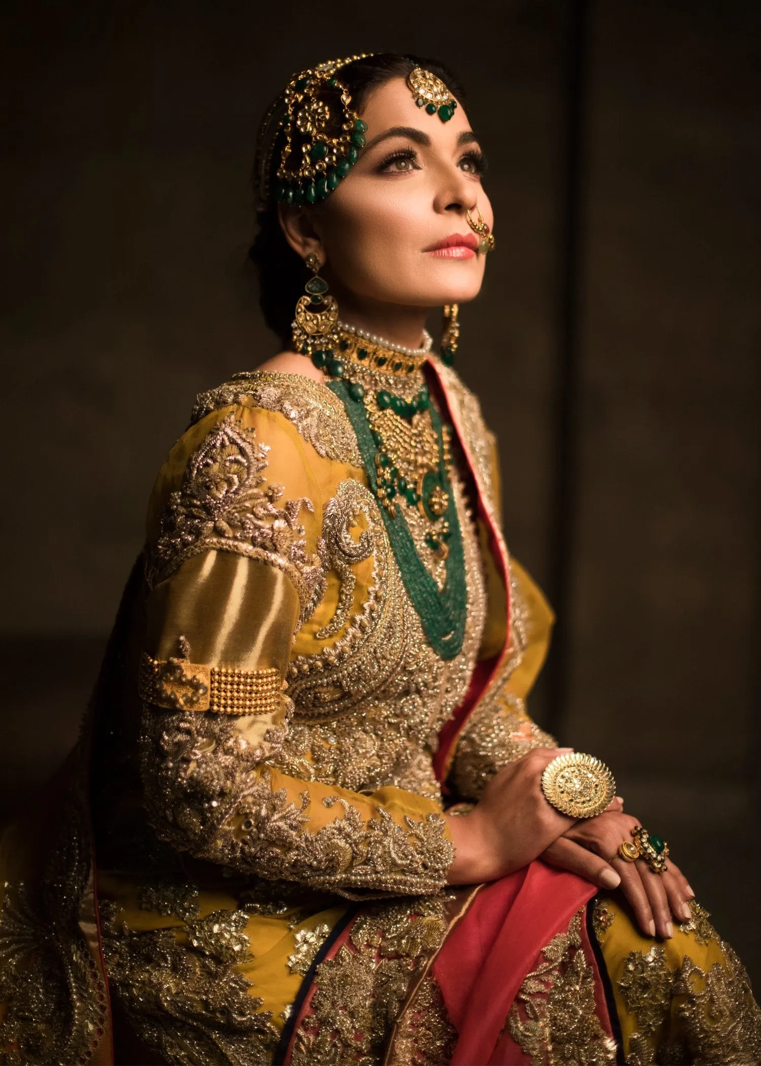 Indian embroidered bridal lehnga dress in mustard and pink color # B3392