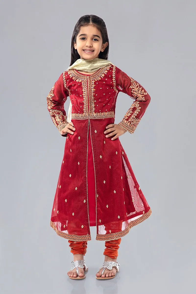Kids Net Frock for Eid in Maroon Color #N9026