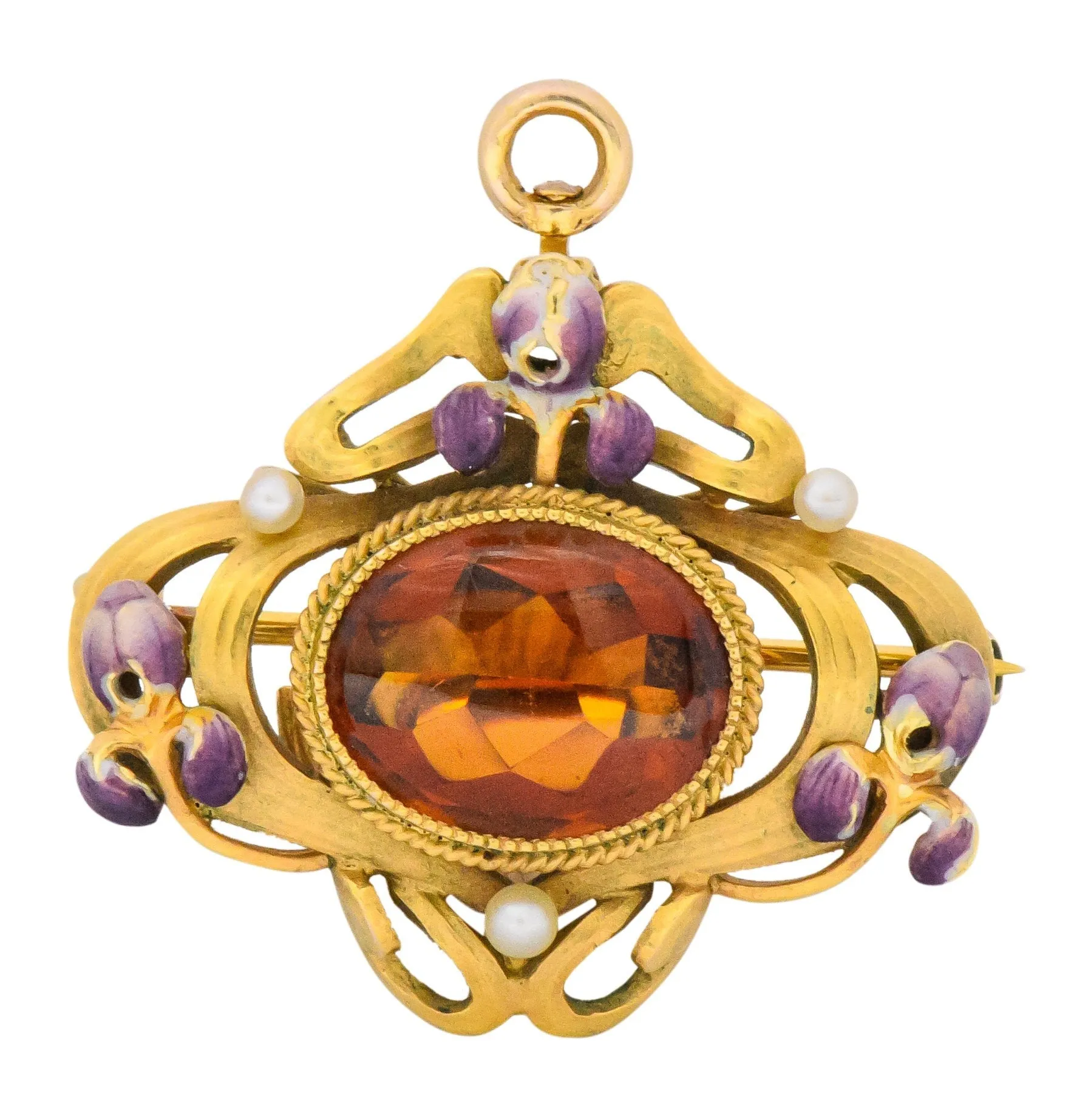Krementz Art Nouveau Citrine Enamel Pearl 14 Karat Gold Pendant/Brooch