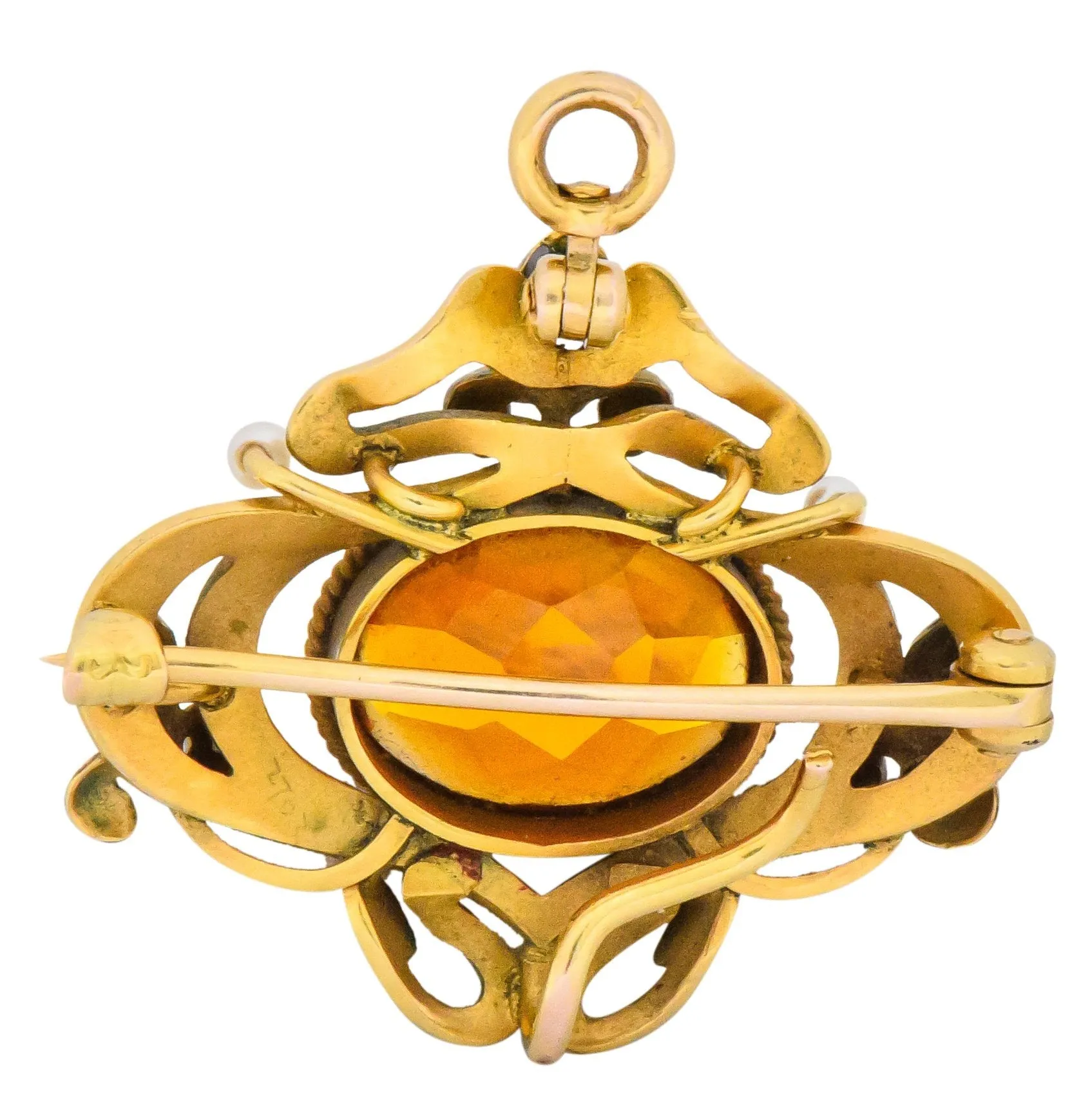 Krementz Art Nouveau Citrine Enamel Pearl 14 Karat Gold Pendant/Brooch