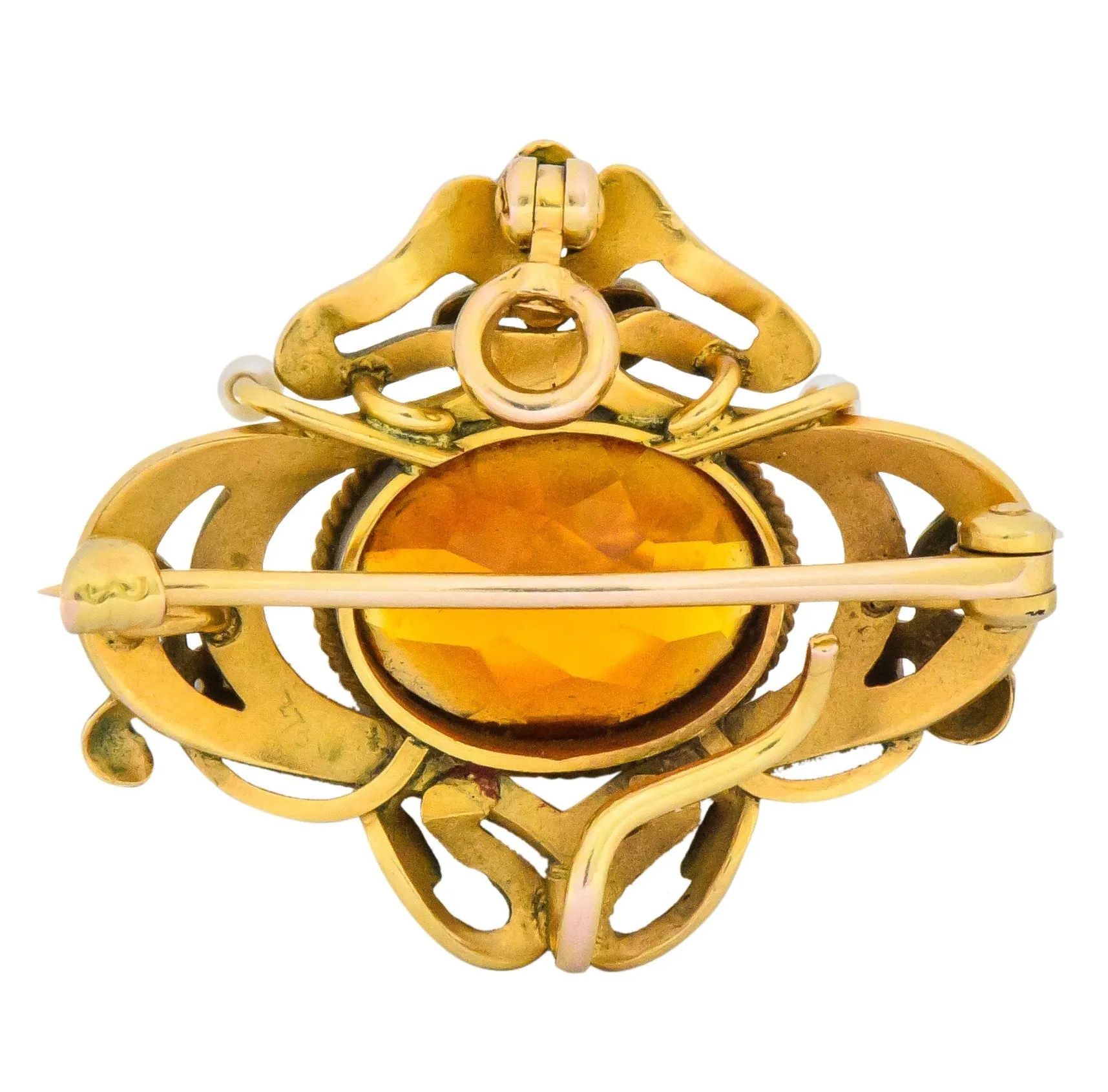 Krementz Art Nouveau Citrine Enamel Pearl 14 Karat Gold Pendant/Brooch