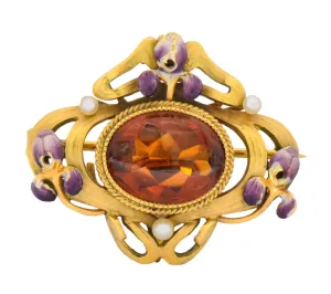 Krementz Art Nouveau Citrine Enamel Pearl 14 Karat Gold Pendant/Brooch