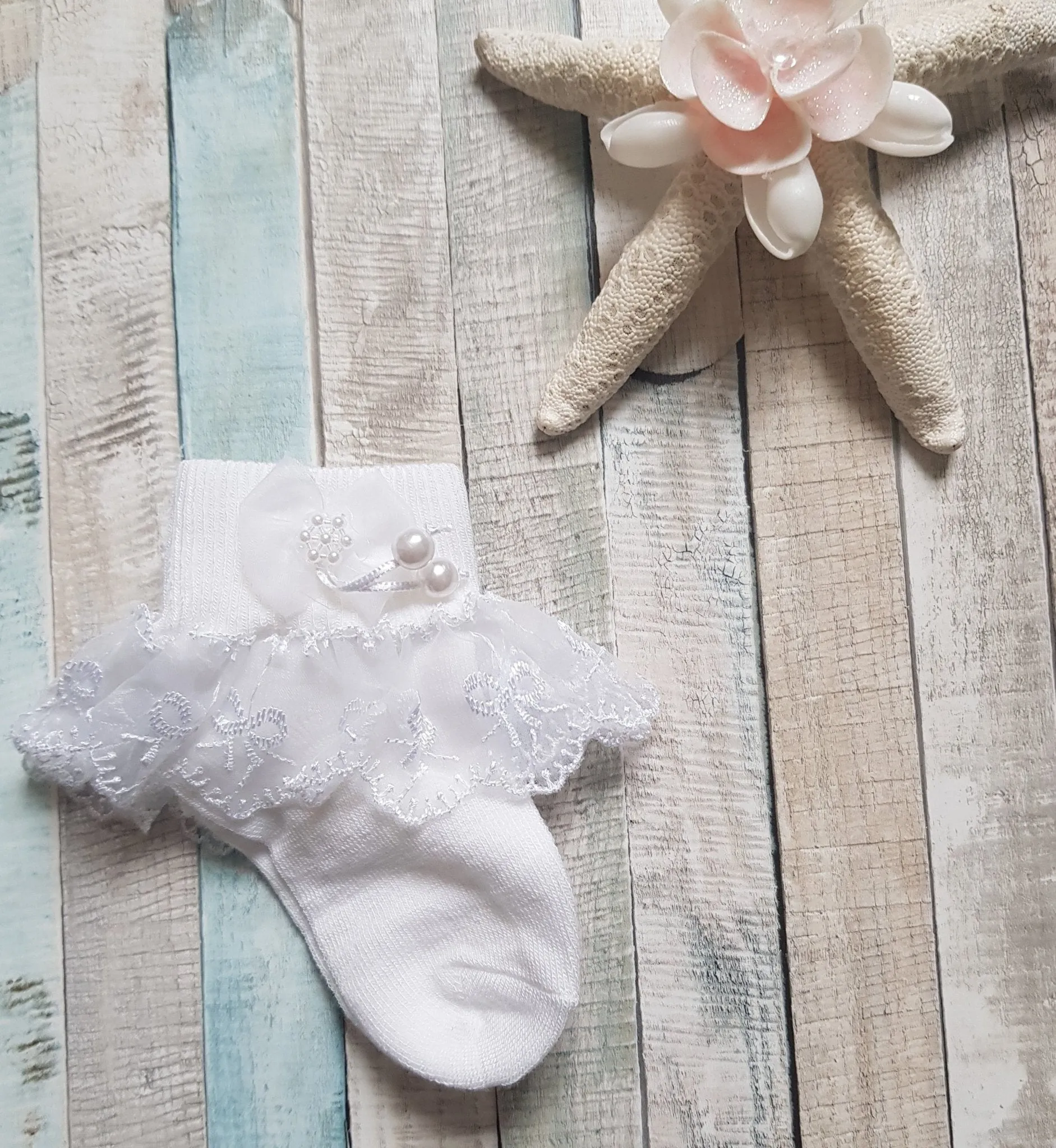 Lace Trim Sock With Pearls