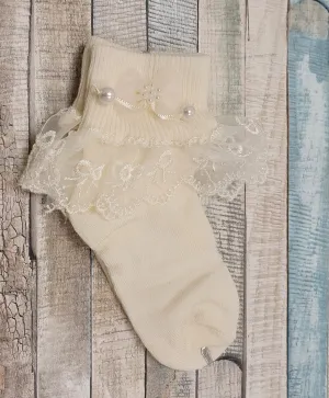 Lace Trim Sock With Pearls