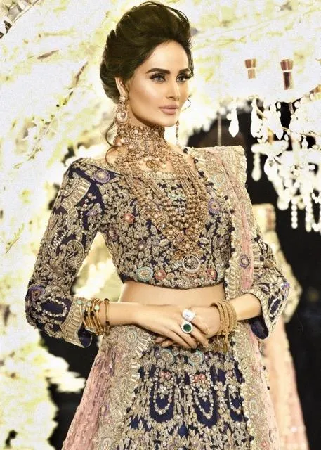 Latest Indian bridal lehnga embroidered in blue and pink color # B3378