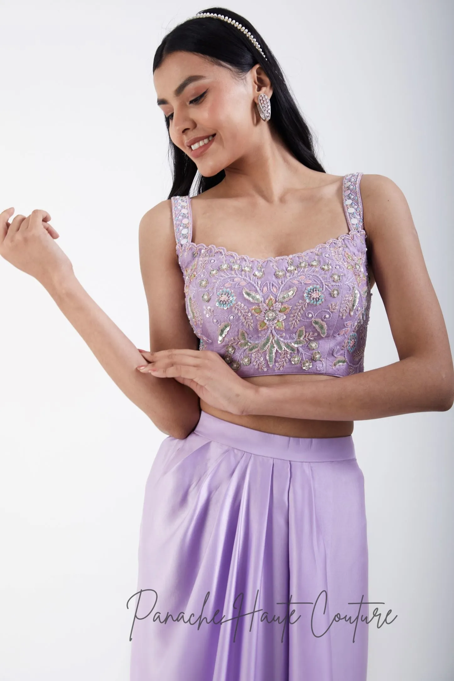Lavender Color Dhoti with Hand-embroidered Crop Top