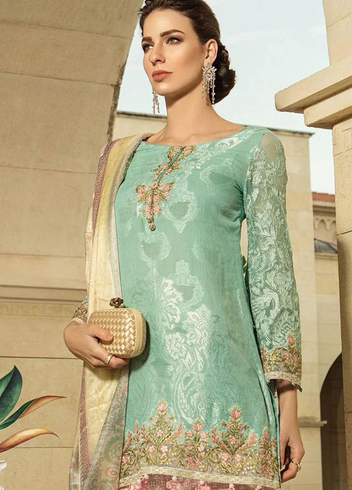 Lawn Suit with Embriodery in Turquoise Color #J6109