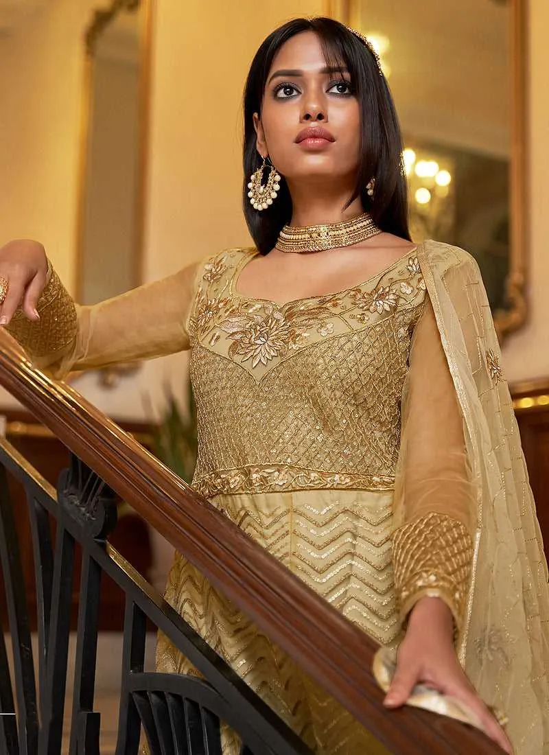 Light Beige Floral Designer Embroidered Kalidar Anarkali