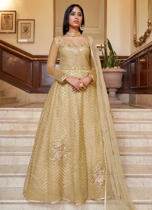 Light Beige Floral Designer Embroidered Kalidar Anarkali