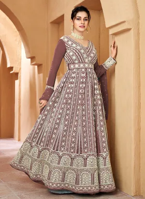 Light Brown Floral Embroidered Kalidar Anarkali