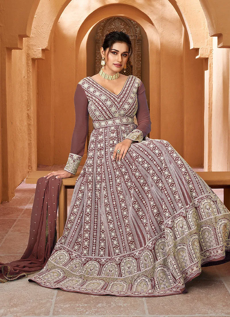 Light Brown Floral Embroidered Kalidar Anarkali