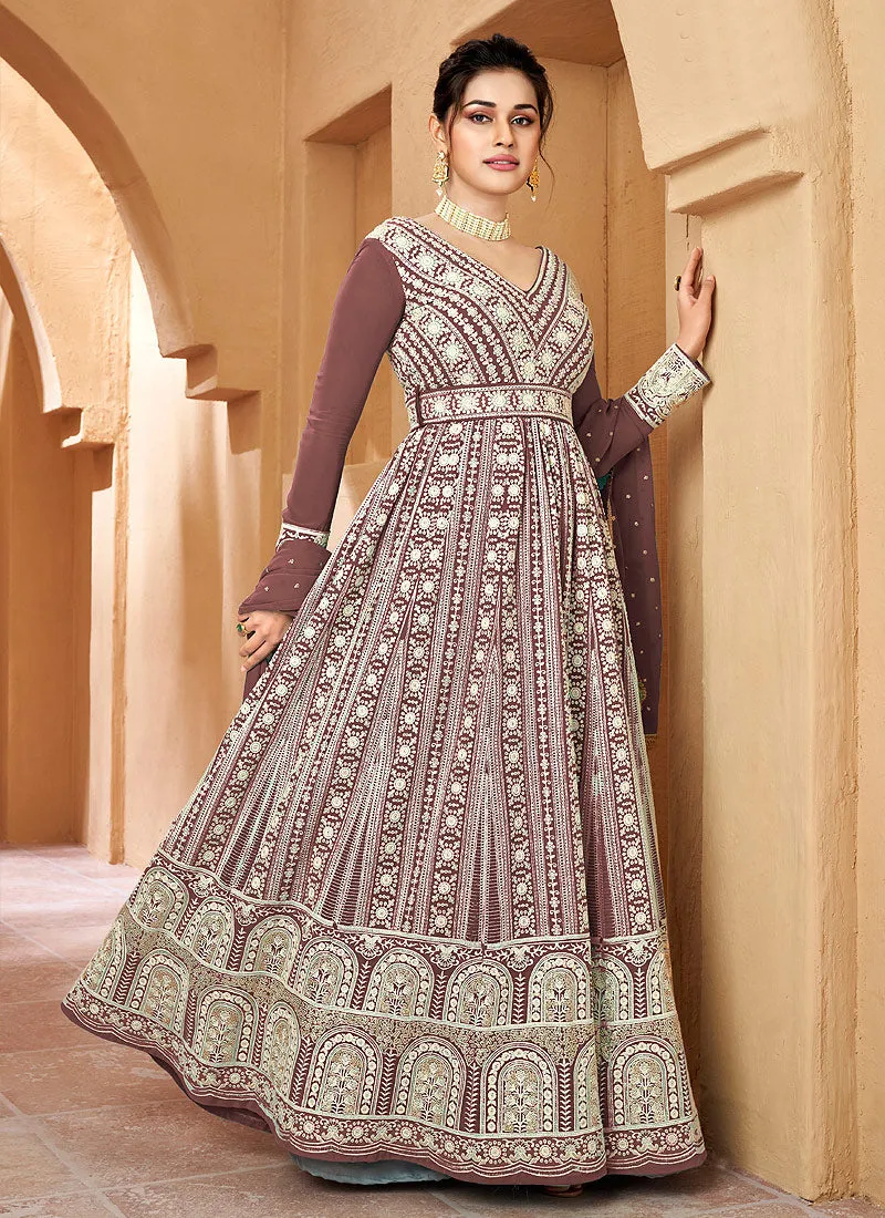 Light Brown Floral Embroidered Kalidar Anarkali
