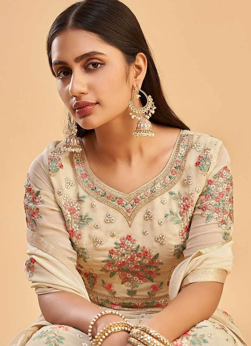 Light Golden Floral Embroidered Designer Kalidar Anarkali