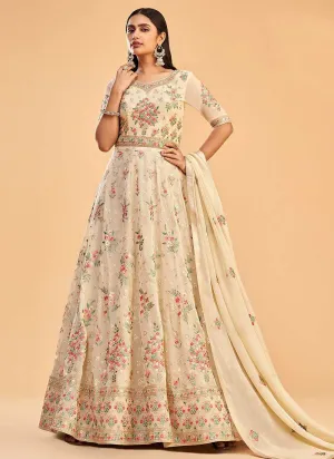 Light Golden Floral Embroidered Designer Kalidar Anarkali