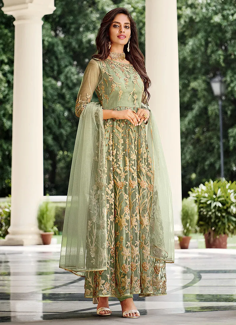 Light Green Floral Designer Embroidered Kalidar Anarkali