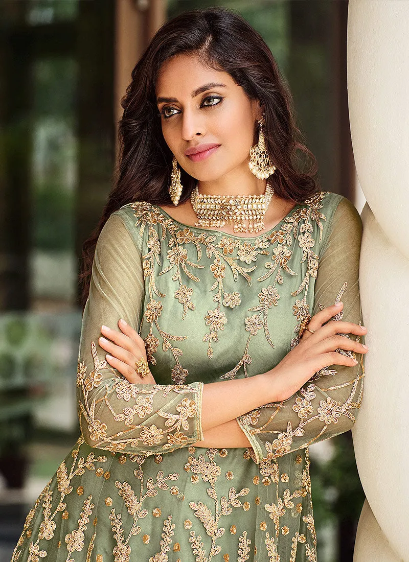 Light Green Floral Designer Embroidered Kalidar Anarkali