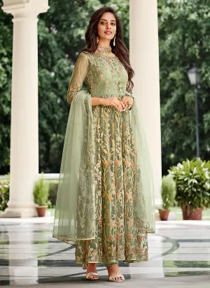 Light Green Floral Designer Embroidered Kalidar Anarkali