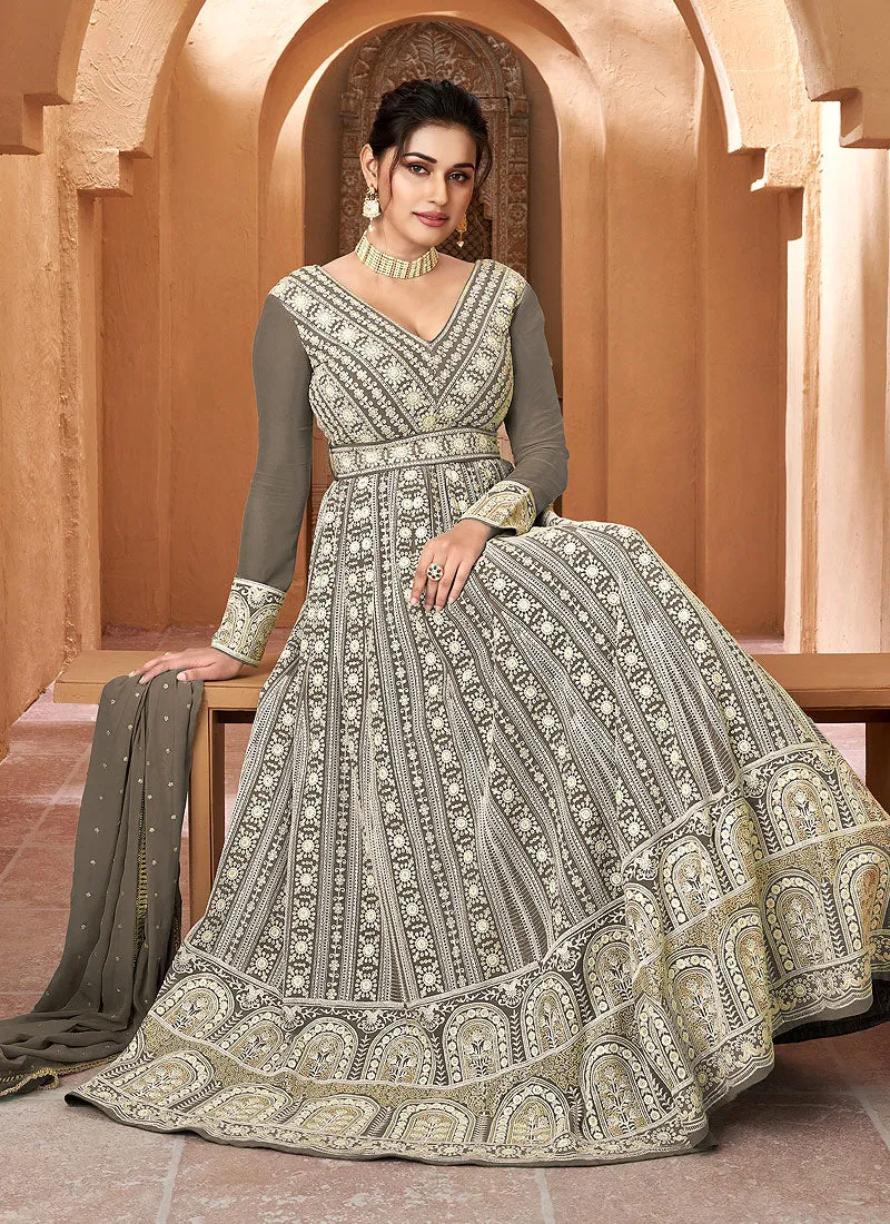 Light Grey Floral Embroidered Kalidar Anarkali