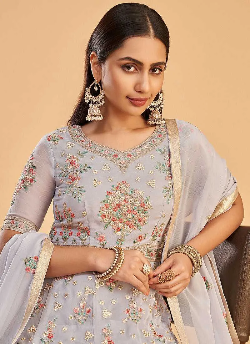 Light Lavender Floral Embroidered Designer Kalidar Anarkali