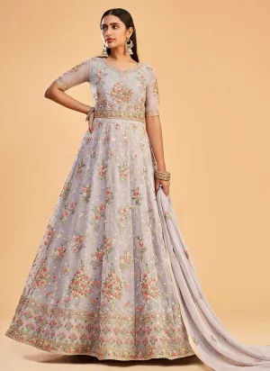 Light Lavender Floral Embroidered Designer Kalidar Anarkali