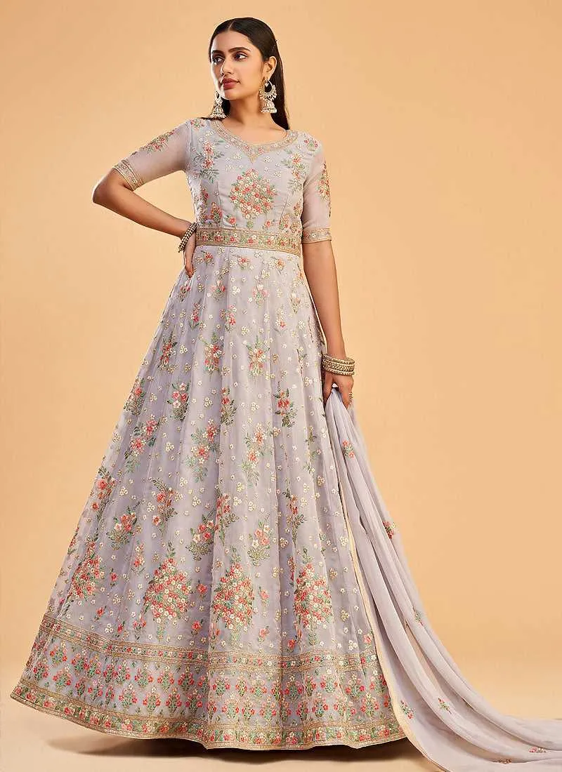 Light Lavender Floral Embroidered Designer Kalidar Anarkali