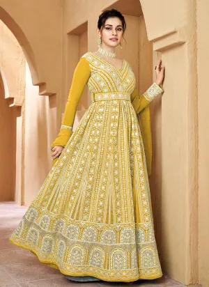 Light Yellow Floral Embroidered Kalidar Anarkali