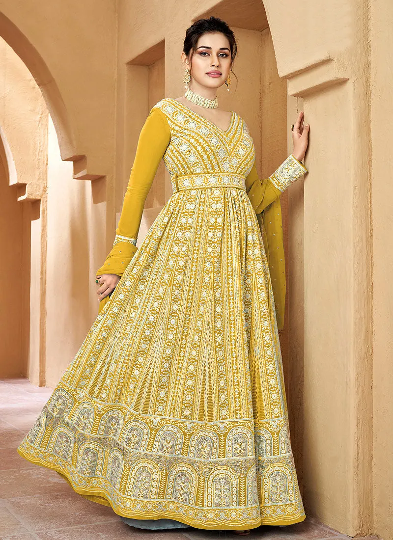 Light Yellow Floral Embroidered Kalidar Anarkali