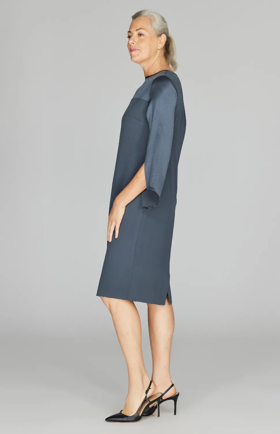 Long Sleeve Silk Dress w/ Satin Contrast