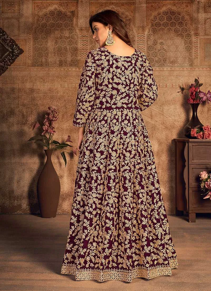 Magenta Heavy Embroidered Designer Velvet Anarkali Suit