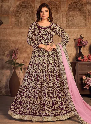 Magenta Heavy Embroidered Designer Velvet Anarkali Suit