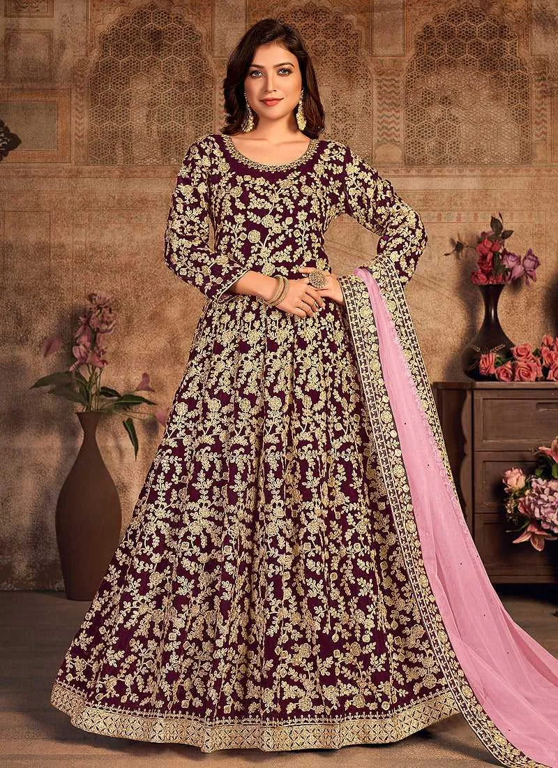 Magenta Heavy Embroidered Designer Velvet Anarkali Suit