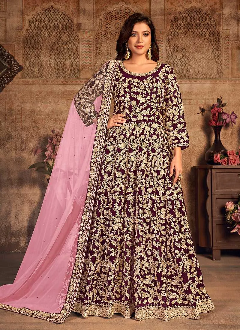 Magenta Heavy Embroidered Designer Velvet Anarkali Suit