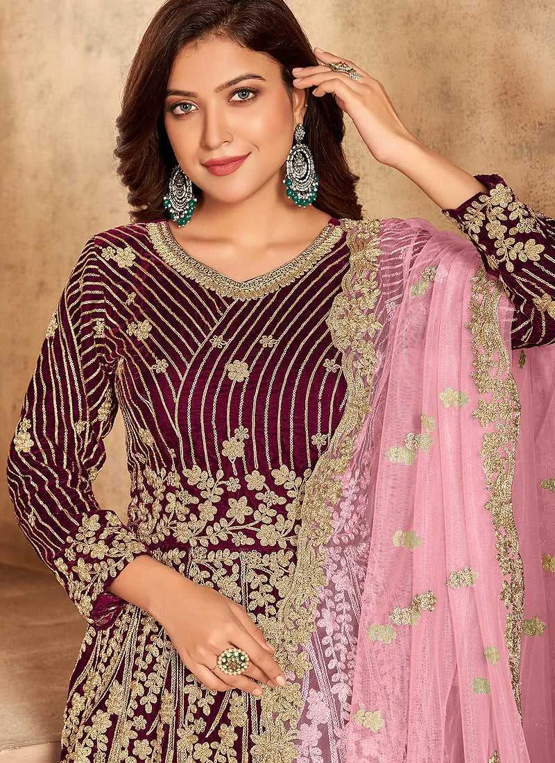 Magenta Heavy Embroidered Kalidar Velvet Anarkali Suit