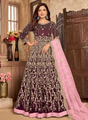 Magenta Heavy Embroidered Kalidar Velvet Anarkali Suit