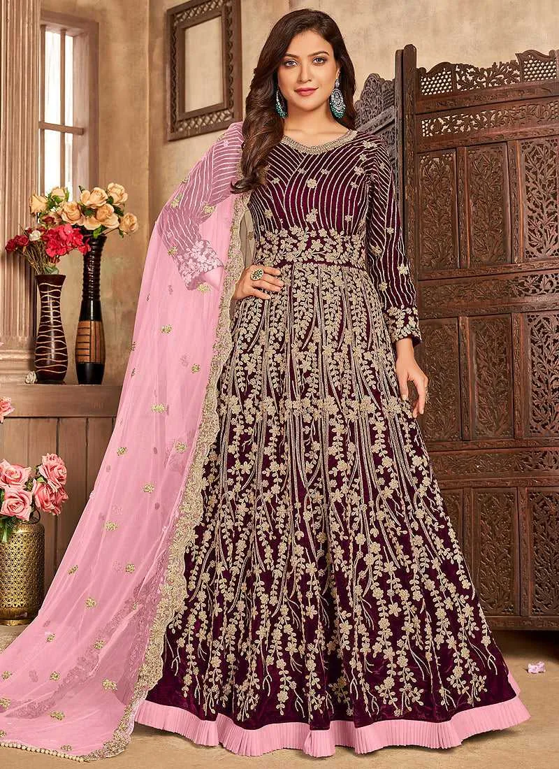 Magenta Heavy Embroidered Kalidar Velvet Anarkali Suit