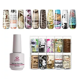Makartt Nail Foil Nail Art Foil Glue Gel for Foil Stickers Nail Transfer Manicure 15ML Bundle with Makartt 10 Sheets Nail Foil Transfer Sticker Kit Newspaper Style Decorations Nail Print