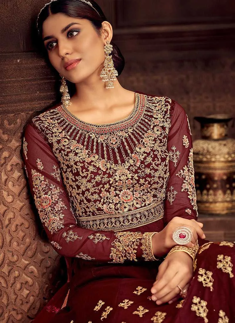 Maroon and Gold Embroidered Kalidar Designer Anarkali Suit