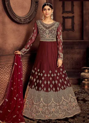 Maroon and Gold Embroidered Kalidar Designer Anarkali Suit