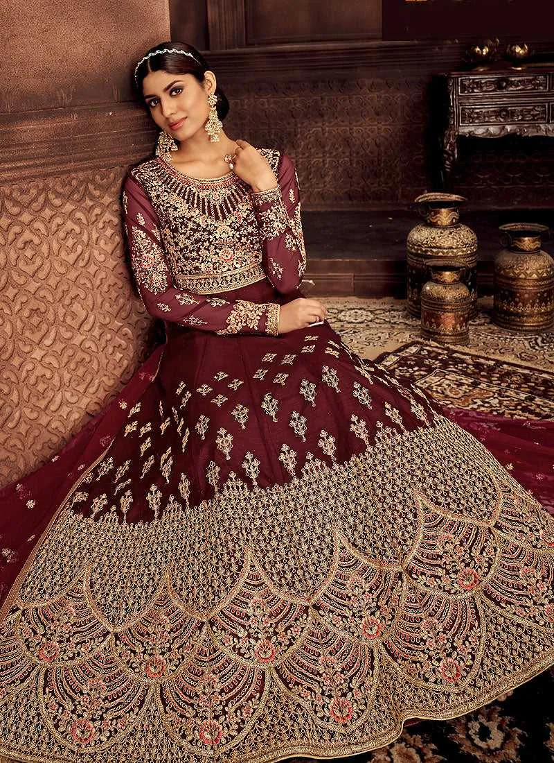 Maroon and Gold Embroidered Kalidar Designer Anarkali Suit