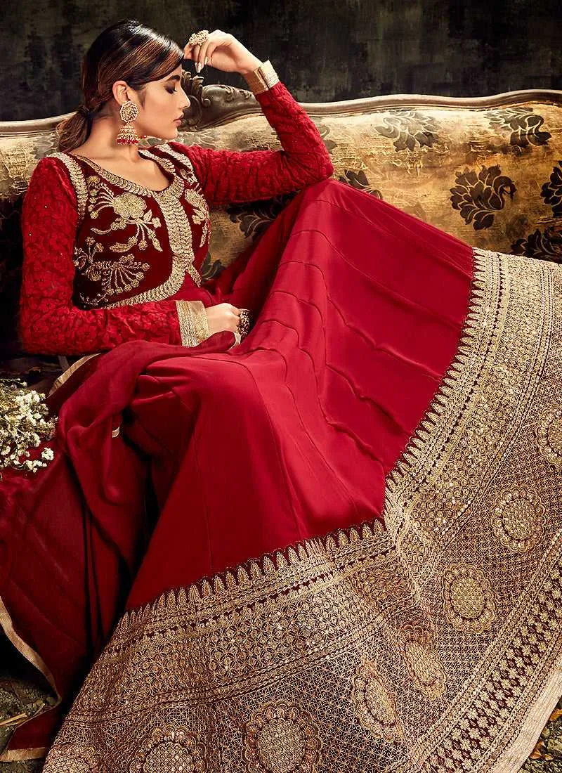 Maroon Embroidered Kalidar Anarkali Style Suit